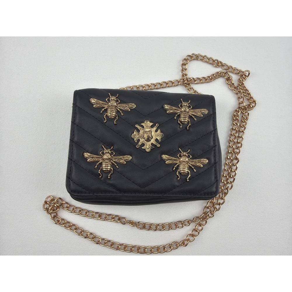 Weather Bug Embellished Mini Bag Black Quilted Gold Chain Gothic